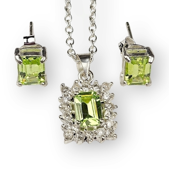 Sterling Necklace Earrings Set Light Green Baguette CZ Chain Post 925 Silver